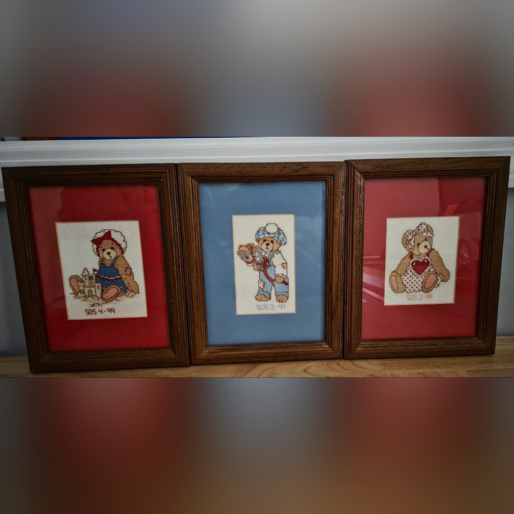 Cherished Teddies Finished Cross Stitched Framed Set Of 3